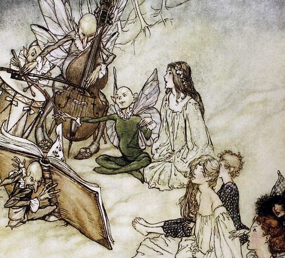 A Midsummer Night's Dream. Illustration by Arthur Rackham (1867 - 1939) to the play by William Shakespeare. Act 2 scene 2, Titania and her attendants: 'Come, now a roundel and a fairy song'